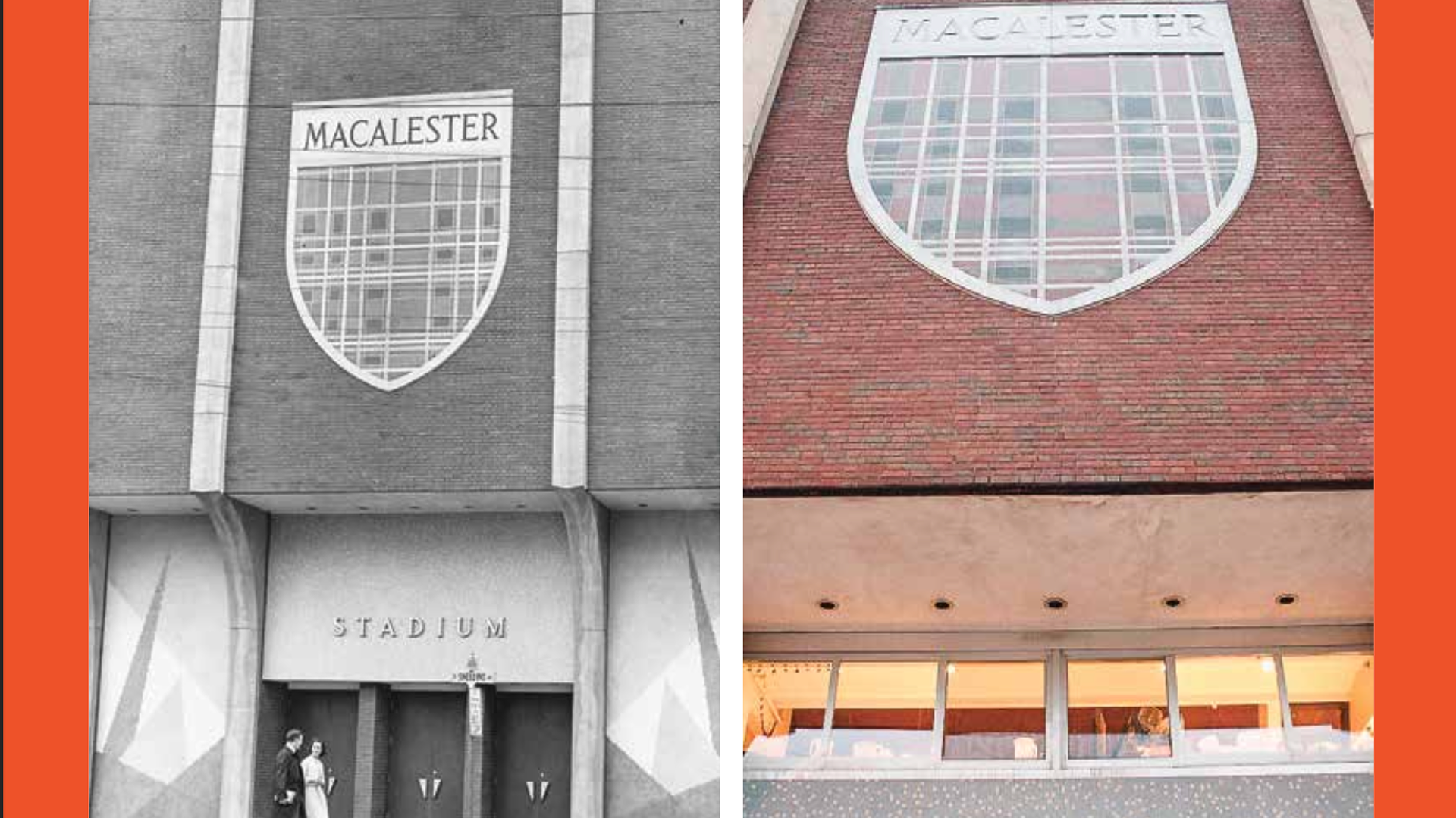 Side-by-side images of the granite tartan shield on the Macalester Stadium in 1964 and in 2025